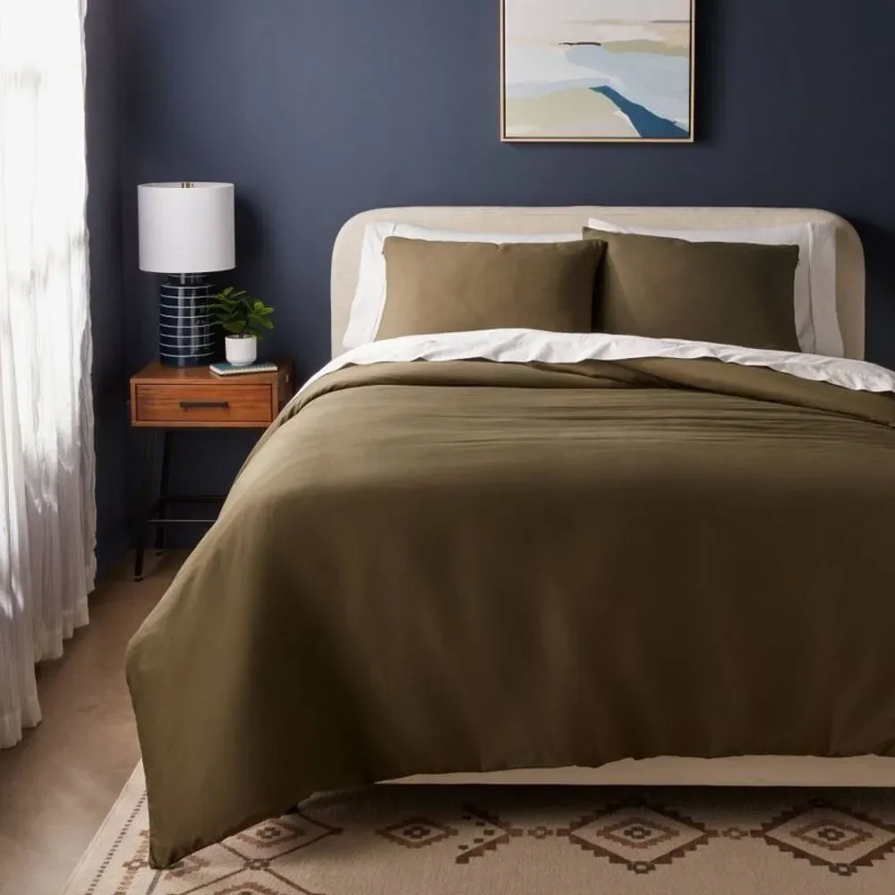 King 250TC Washed Cotton Sateen Duvet Cover Set - Dark Olive Green